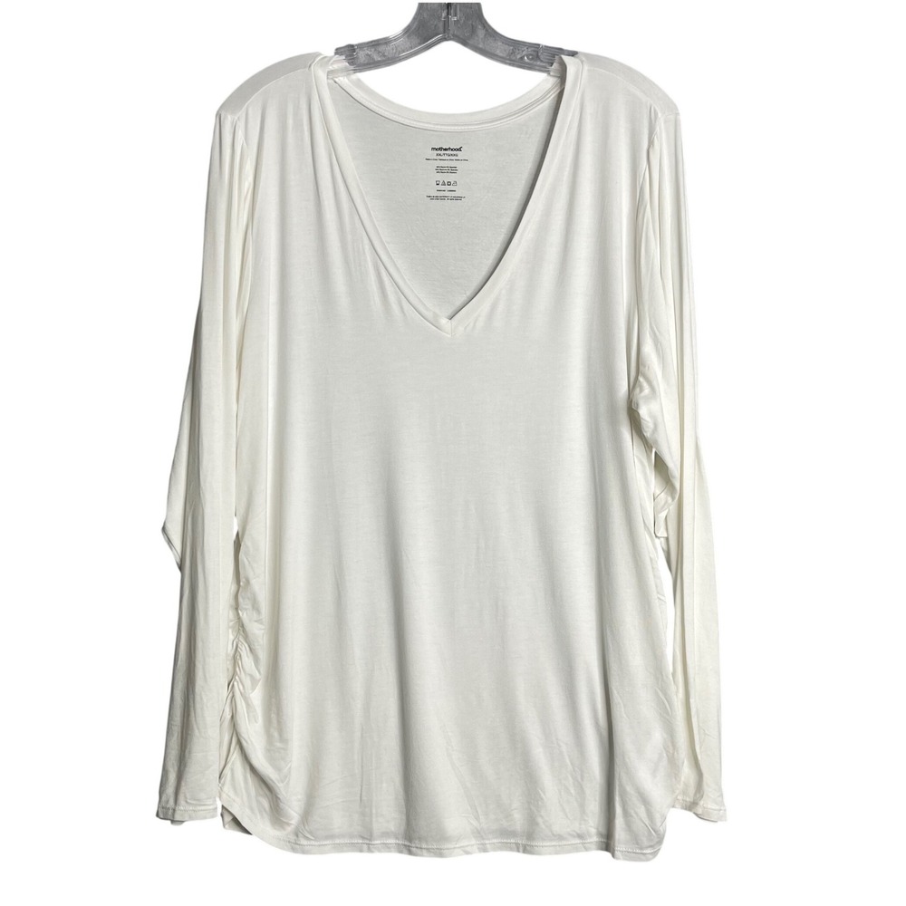 New Motherhood Long Sleeve Ruched Top Womens XXL White‎ V Neck Stretch Basic